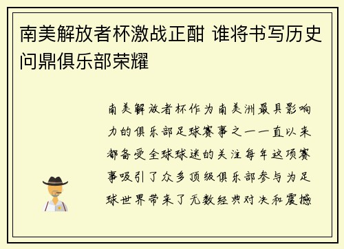 南美解放者杯激战正酣 谁将书写历史问鼎俱乐部荣耀